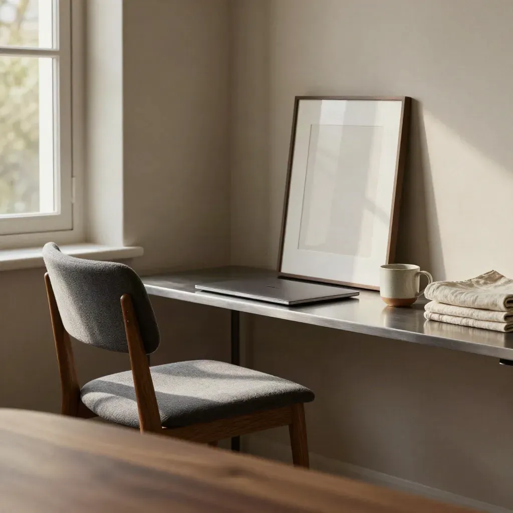 Arbeitszimmer mit Stuhl, Laptop, Rahmen und Leinenstapel im warmen Morgenlicht.