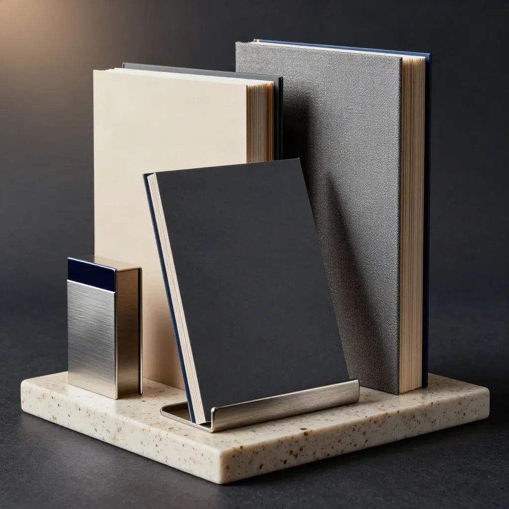 Projektportfolio-Karten und Sampleboards auf Travertin, eine Karte lehnt vorn im Fokus.