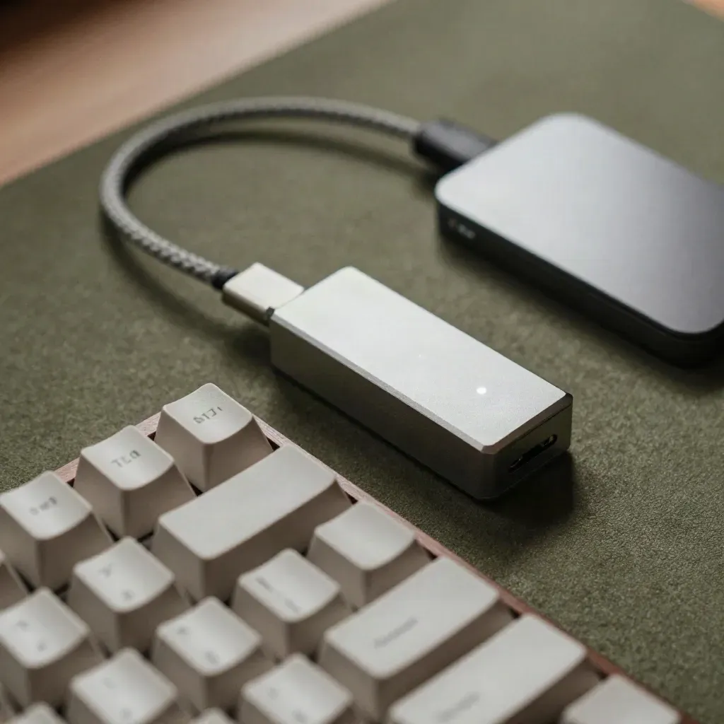 Mechanische Tastatur, geflochtenes Kabel, Hub und Trackpad mit leuchtender Status-LED im Nahbild